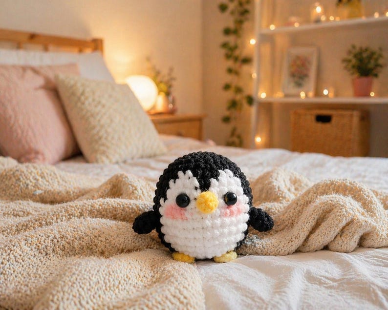 May include: A handmade, crocheted penguin with a black head, white body, and pink cheeks sits on a bed. The penguin has a yellow beak and feet, and black button eyes. The bed is covered with a cream-colored knitted blanket.