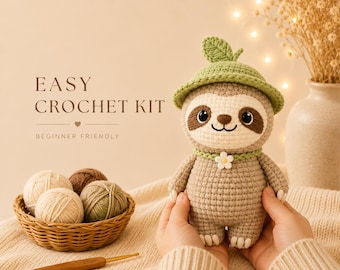 Cute Sloth Crochet Kit for Beginners, Easy Amigurumi Sloth DIY Kit, Kawaii Crochet Animal Plush, Handmade Gift Idea
