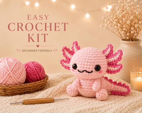Crochet Kit for Beginners – DIY Axolotl Amigurumi – Easy Cute Gift Idea – Starter Kit