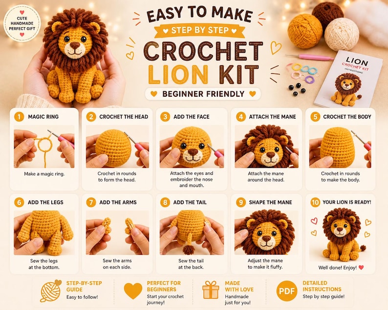 May include: A crochet lion kit with step-by-step instructions. The kit includes materials and instructions to create a handmade lion. The image shows the finished lion, yarn, and the steps to crochet the lion. The text says "Easy to Make Crochet Lion Kit Beginner Friendly".