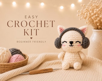 Kit de ganchillo para gatos | Kit de amigurumi DIY para principiantes | Peluche kawaii adorable | Kit de inicio de ganchillo fácil |