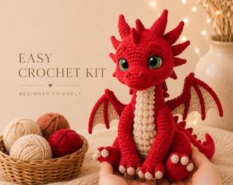 Beginner Crochet Dragon Kit, DIY Amigurumi Dragon Kit, Easy Crochet Kit for Adults, Learn to Crochet Gift, Cute Fantasy Crochet Plush