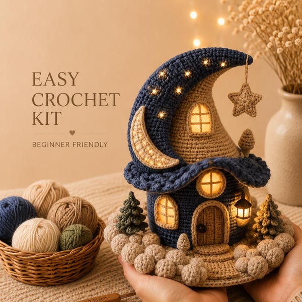 Zestaw do szydełkowania Domek dla Wróżek Księżycowych, Wzór na szydełkowy Domek Niebiański, Magiczne dekoracje do domu z amigurumi, Przytulny, Fantastyczny Projekt Szydełkowy