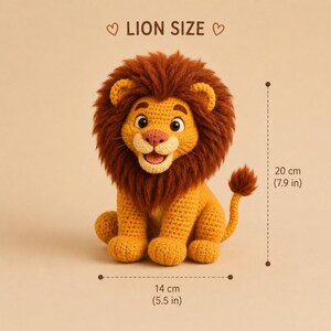 May include: A crocheted lion toy with a brown mane and tail, and a yellow body. The lion is 5.5 inches long and 7.9 inches tall. The text "LION SIZE" is above the lion.