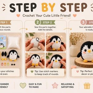 May include: Step-by-step guide to crocheting a cute penguin. The image shows the process, from materials like yarn and stuffing to the finished penguin. Text includes "Beginner Friendly" and "Great Gift Idea."
