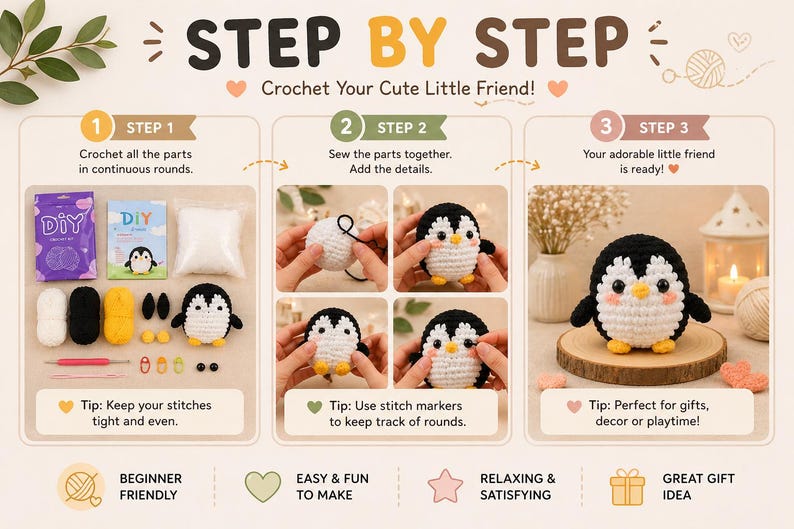 May include: Step-by-step guide to crocheting a cute penguin. The image shows the process, from materials like yarn and stuffing to the finished penguin. Text includes "Beginner Friendly" and "Great Gift Idea."