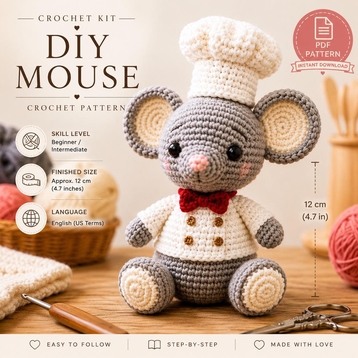39 Mouse Crochet Patterns: Cute, Giftable Designs for Confident Beginners and More 5 Chef Mouse Cute Amigurumi Mouse DIY Beginner Crochet Toy