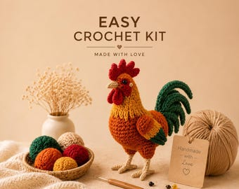 Rooster Crochet Kit for Beginners, DIY Chicken Amigurumi Kit, Farm Animal Crochet Kit, Easy Crochet Project, Cute Crochet Gift