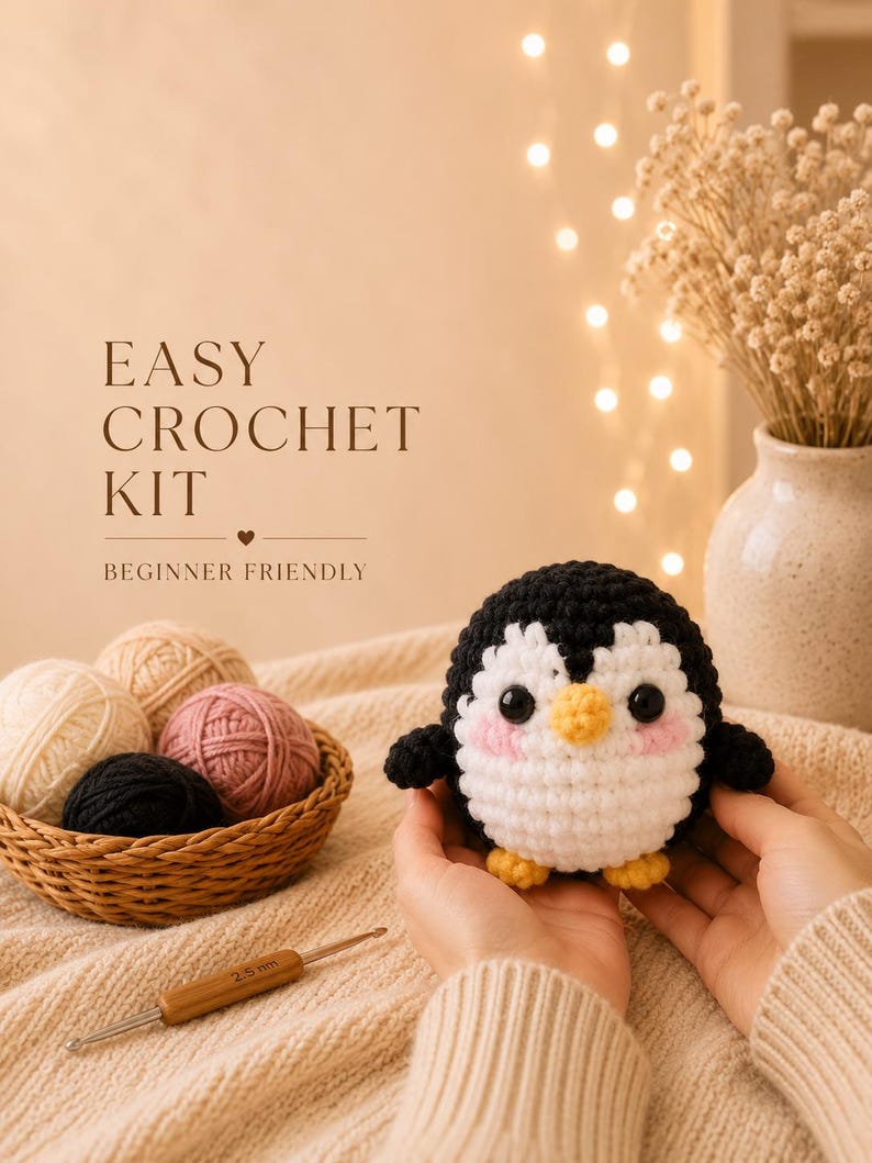 May include: A crochet kit with a handmade penguin. The penguin is black, white, and yellow with pink cheeks. The kit includes yarn in cream, pink, and black, a crochet hook, and the text "EASY CROCHET KIT BEGINNER FRIENDLY."