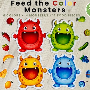Puede incluir: Un conjunto de actividades imprimibles titulado Feed the Color Monsters que presenta cuatro monstruos de dibujos animados en rojo, verde, amarillo y azul, cada uno con una boca grande abierta, junto a doce ilustraciones coloridas de alimentos.