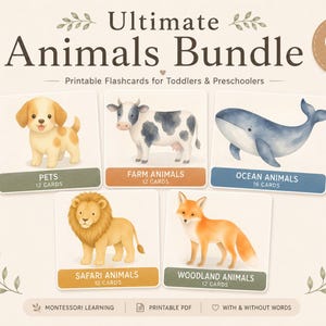 Op de afbeelding: Een set van 64 printbare flashcards genaamd Ultimate Animals Bundle, met aquarelillustraties van een puppy, koe, walvis, leeuw en vos, onderverdeeld in categorieën zoals huisdieren, boerderijdieren, oceaandieren, safaridieren en bosdieren.