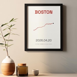 May include: Framed print with the word "BOSTON" in red, above a red line graph. The date "2026.04.20" is below the graph, with additional text. The print is in a black frame, displayed on a wall.