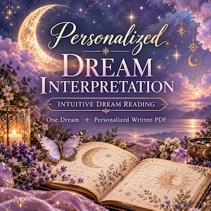 May include: An open book with gold moon and sun illustrations rests among purple flowers, a butterfly, and a candle. The text reads Personalized Dream Interpretation, Intuitive Dream Reading, One Dream, and Personalized Written PDF.