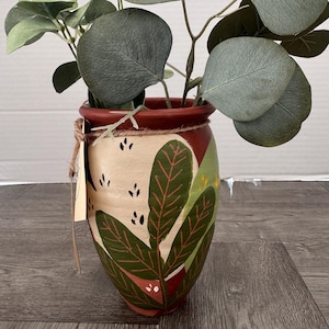 Hand Painted Small Terracotta Vase with Optional Saucer | Rust, Olive & Lime Leaf Boho Cachepot | Pampas Grass Vase | Housewarming Gift
