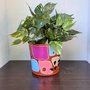 Hand Painted Retro Abstract Terracotta Planter | Colorful Geometric Magenta Blue Coral Boho | Gift