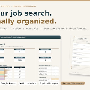 Op de afbeelding: Een digitaal dashboard voor het bijhouden van sollicitaties met de tekst Your job search, finally organized. Spreadsheet + Notion + Printables. Het dashboard toont statistieken zoals totaal aantal sollicitaties, actieve pijplijn en interviewlogs, naast een interviewvoorbereidingsblad.