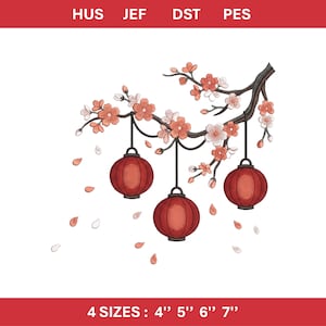 May include: An embroidered design featuring a branch with peach-colored blossoms and three red lanterns hanging below. The design includes falling petals and the text "4 SIZES: 4" 5" 6" 7"" at the bottom.