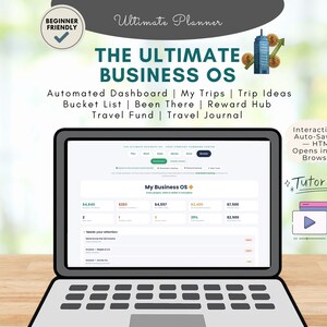 Può includere: Un computer portatile che mostra la dashboard The Ultimate Business OS con sezioni per attività automatizzate, viaggi e finanze. Il testo include Beginner Friendly, Ultimate Planner e Tutorial. L'interfaccia presenta tabelle.