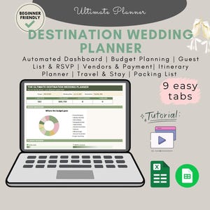 May include: A digital destination wedding planner displayed on a laptop screen, featuring an automated dashboard, budget planning, guest list, RSVP, vendor tracking, itinerary, travel, and packing list. Includes a tutorial icon and 9 easy tabs.