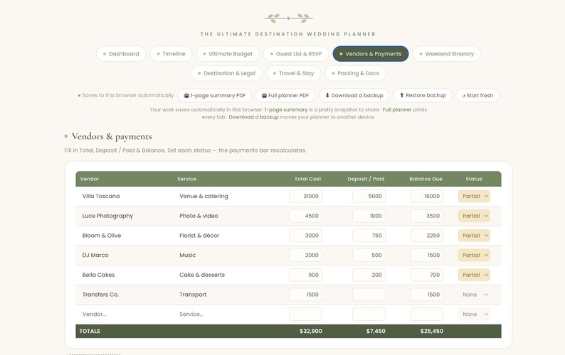 May include: A digital wedding planner interface titled The Ultimate Destination Wedding Planner. The screen displays a Vendors & Payments table with columns for Vendor, Service, Total Cost, Deposit/Paid, Balance Due, and Status, featuring rows for various wedding services.
