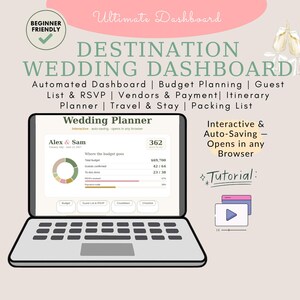 May include: A digital destination wedding dashboard displayed on a laptop screen. The interface features a wedding planner with budget tracking, guest lists, RSVP status, and vendor payment details. Includes a tutorial video icon and text.