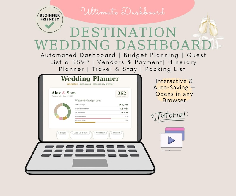 May include: A digital destination wedding dashboard displayed on a laptop screen. The interface features a wedding planner with budget tracking, guest lists, RSVP status, and vendor payment details. Includes a tutorial video icon and text.