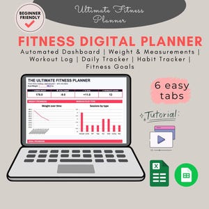 Könnte beinhalten: Ein digitaler Fitnessplaner auf einem Laptop-Bildschirm mit einem automatisierten Dashboard zur Verfolgung von Gewicht und Maßen, Trainingsprotokollen, täglichen Trackern, Gewohnheitstrackern und Fitnesszielen sowie Tutorial- und Dateisymbolen.