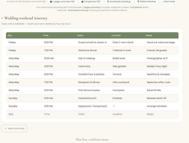 May include: A digital wedding weekend itinerary planner featuring a table with columns for Day, Time, Event, Location, and Notes. The header is olive green, and the rows list events from Friday to Sunday, including guest arrivals, ceremony, and brunch.