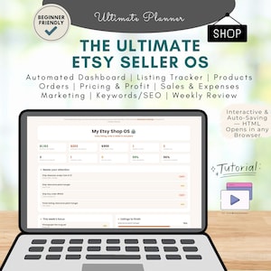 Puede incluir: Un ordenador portátil que muestra The Ultimate Etsy Seller OS, un panel interactivo para realizar un seguimiento de listados, pedidos, precios, beneficios, ventas, gastos, marketing y SEO. La pantalla muestra una interfaz My Etsy Shop OS.