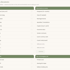 May include: A digital packing and documents checklist template featuring four olive green headers labelled Attire & rings, Documents & money, Beauty & health, and Day-of emergency kit, with editable rows for items like wedding dress, passports, and makeup.