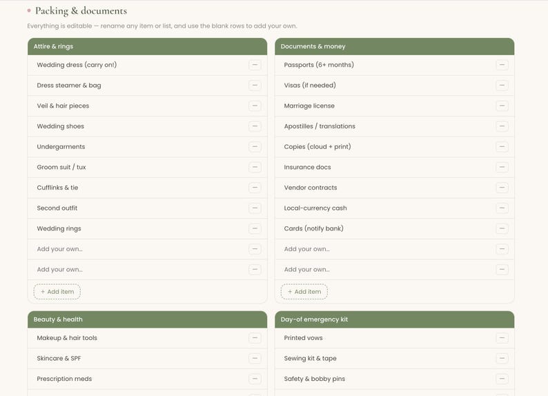 May include: A digital packing and documents checklist template featuring four olive green headers labelled Attire & rings, Documents & money, Beauty & health, and Day-of emergency kit, with editable rows for items like wedding dress, passports, and makeup.