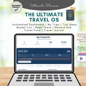 Könnte beinhalten: Ein digitaler Reiseplaner auf einem Laptop-Bildschirm mit dem Titel The Ultimate Travel OS. Die Benutzeroberfläche enthält Bereiche für Reisen, Wunschlisten und Reisebudgets sowie ein Symbol für einen Reisepass und ein Tutorial-Video.