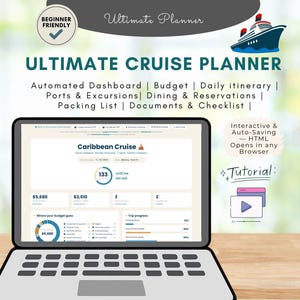 May include: A laptop displaying an Ultimate Cruise Planner dashboard with sections for budget, daily itinerary, ports, excursions, dining, reservations, packing list, documents, and checklists. The screen shows a Caribbean Cruise trip countdown.