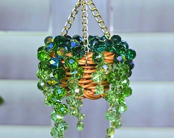 Tiny Beaded Plant Suncatcher -  Wicker Basket - AB Rainbow Shimmer Effect