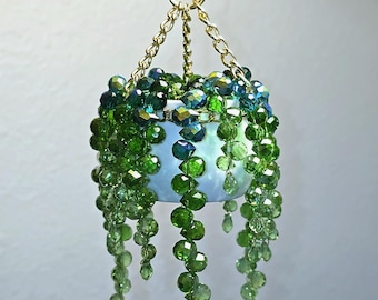 Mini White Pot Beaded Plant Suncatcher with Gold Chain Hanger - Longer Strands