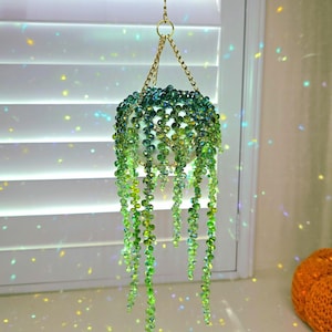 Beaded Plant Suncatcher - Large Ceramic Pot - AB Rainbow Shimmer Effect