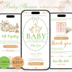 Op de afbeelding: Drie smartphoneschermen met een babyshower-websitetemplate met een eendjes-thema. Het ontwerp bevat zachte groene en perzikkleurige tinten, aquarelillustraties van eenden, cadeaus en blokken, met tekst waaronder Baby Is On The Way.