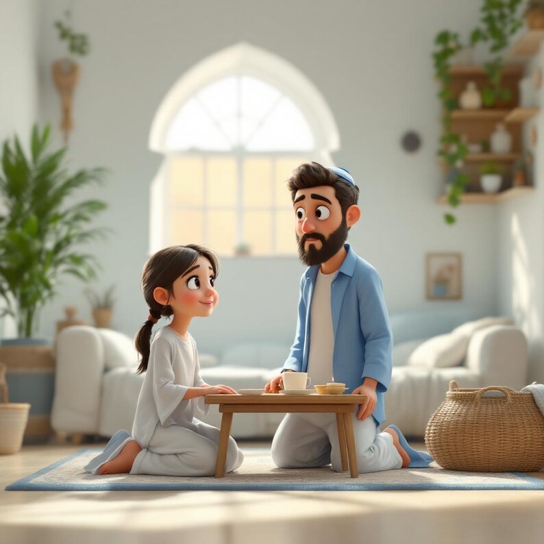 May include: An animated image of a father and child kneeling on a rug, facing each other. They are in a bright room with a small wooden table between them, holding cups and small dishes. A wicker basket sits nearby.
