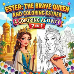 May include: A vibrant illustration for a colouring book, "Ester: The Brave Queen and Coloring Esther." The design is split, showing a coloured image and a black and white outline. The cover art features a queen wearing a crown and holding a scepter.