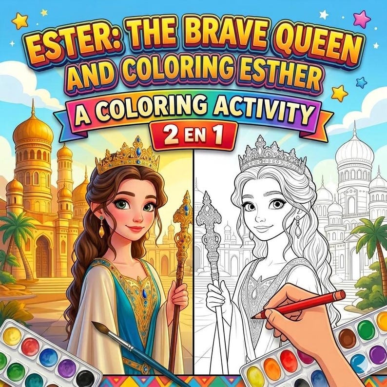 May include: A vibrant illustration for a colouring book, "Ester: The Brave Queen and Coloring Esther." The design is split, showing a coloured image and a black and white outline. The cover art features a queen wearing a crown and holding a scepter.