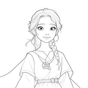 May include: Line art illustration of a young person with long wavy hair, a braid, and a necklace with a pendant. The person is wearing a dress with a belt and a cape. The image is in black and white.