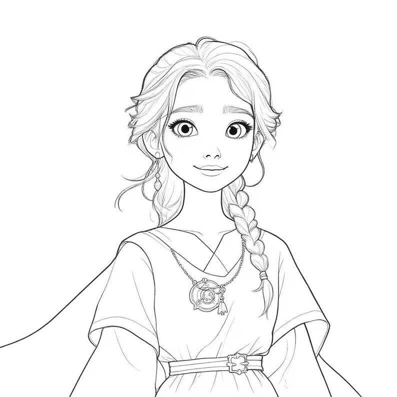 May include: Line art illustration of a young person with long wavy hair, a braid, and a necklace with a pendant. The person is wearing a dress with a belt and a cape. The image is in black and white.