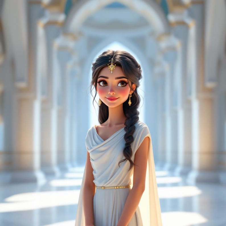 May include: Digital illustration of a woman with dark hair in a braid, wearing a white dress with a gold belt and jewellery. She is standing in a bright, ornate hallway with columns and arches.