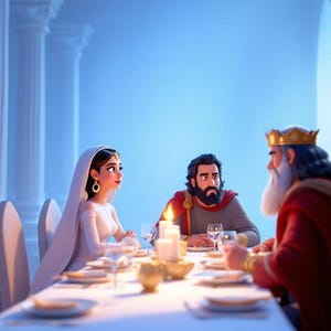 May include: An illustration depicting three individuals at a dining table. A woman in a white dress and veil is seated opposite a man with a beard and a red cape. A man wearing a crown is seated at the table's end, with candles lit.