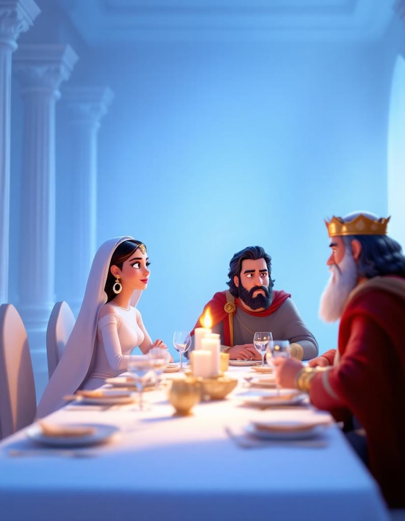 May include: An illustration depicting three individuals at a dining table. A woman in a white dress and veil is seated opposite a man with a beard and a red cape. A man wearing a crown is seated at the table's end, with candles lit.