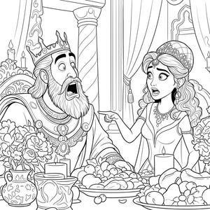 May include: Black and white line art illustration of a king and queen at a table. The king looks shocked, while the queen points. The table is laden with food, candles, and decorative items, suggesting a royal setting.