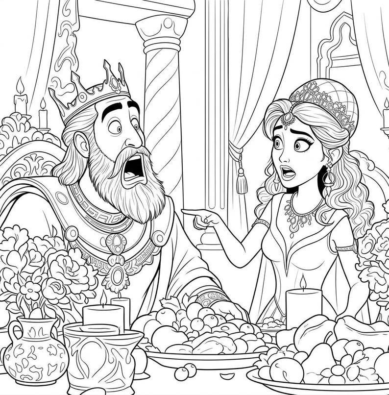 May include: Black and white line art illustration of a king and queen at a table. The king looks shocked, while the queen points. The table is laden with food, candles, and decorative items, suggesting a royal setting.