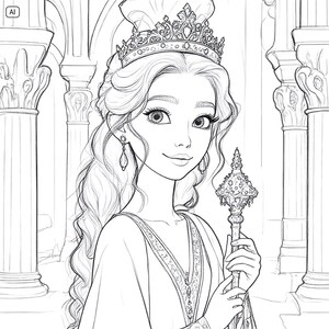 May include: Line drawing of a princess wearing a crown and holding a scepter. The princess has long, wavy hair and is smiling. The background features columns and arches, suggesting a palace setting.
