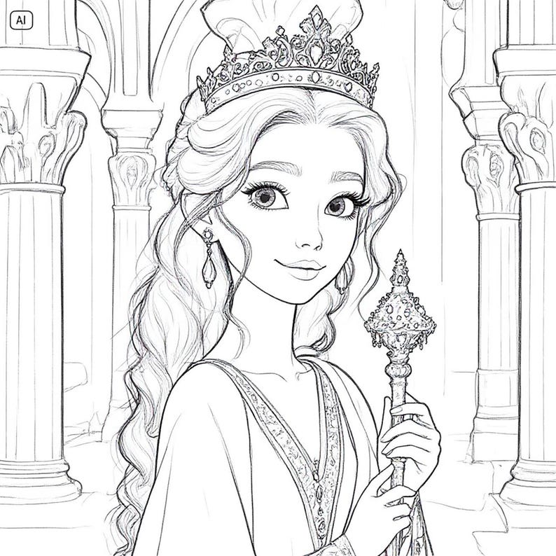 May include: Line drawing of a princess wearing a crown and holding a scepter. The princess has long, wavy hair and is smiling. The background features columns and arches, suggesting a palace setting.