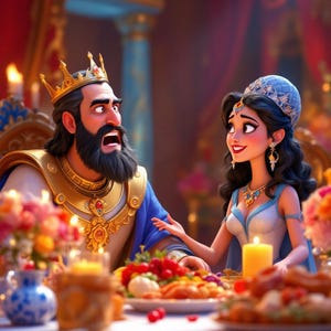 May include: Digital illustration of a king and queen at a feast. The king wears a gold crown and armour, the queen a blue dress and headpiece. A table is laden with food, candles, and flowers, in a grand hall.